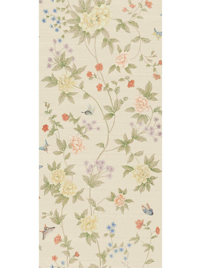 Scalamandre Luoyang Garden Sisal Antiqued Gold Coral Wallpaper