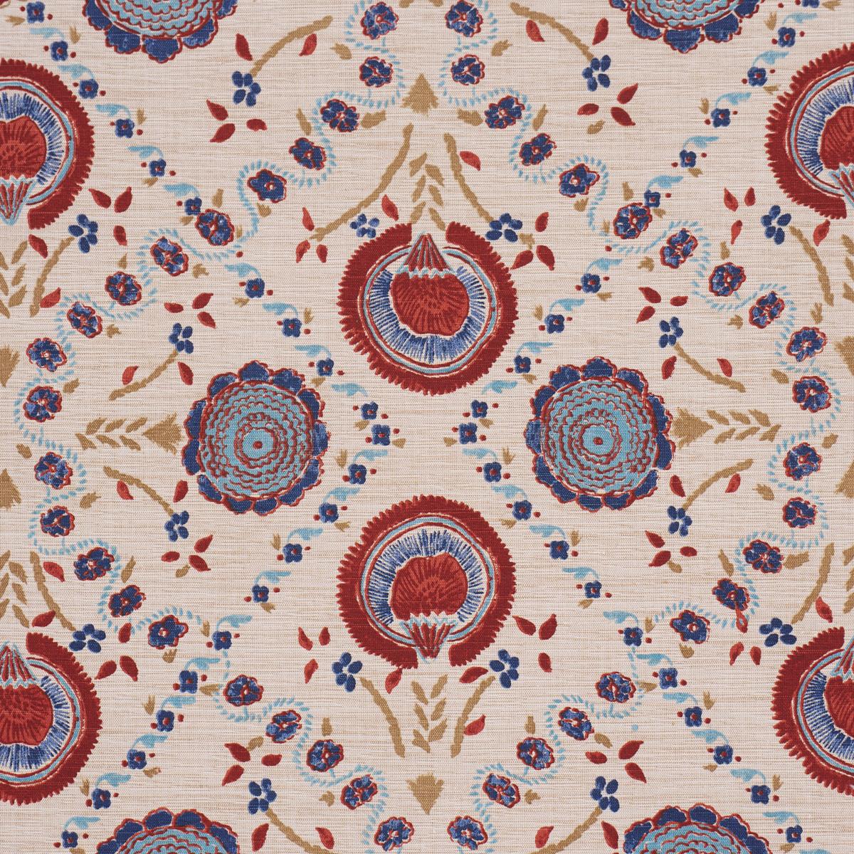 Schumacher Athena Hand-Screen Print Red & Blue Fabric