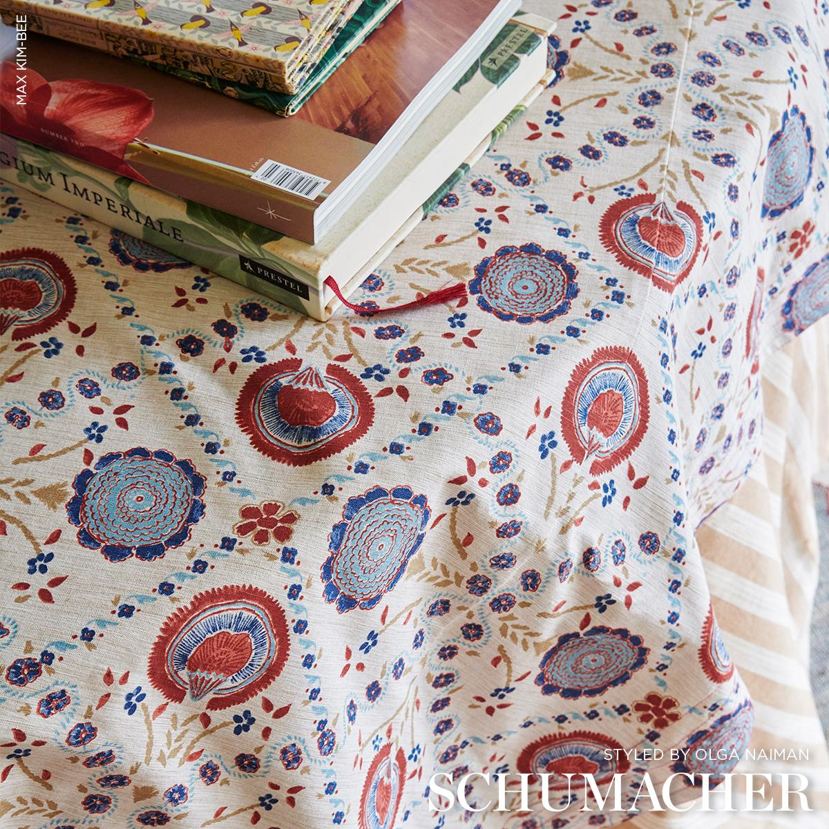 Schumacher Athena Hand-Screen Print Red & Blue Fabric
