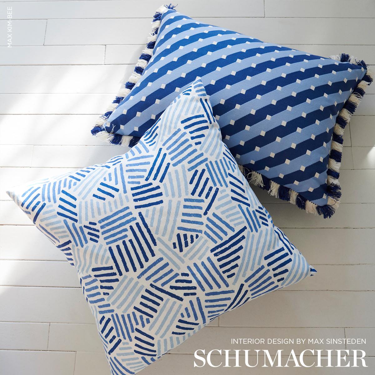 Schumacher Hatchmark Hand Print Blues Fabric