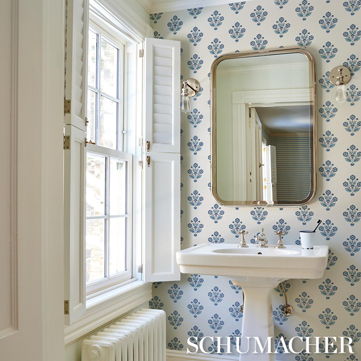 Schumacher Dalila Hand-Screen Print Blue Wallpaper