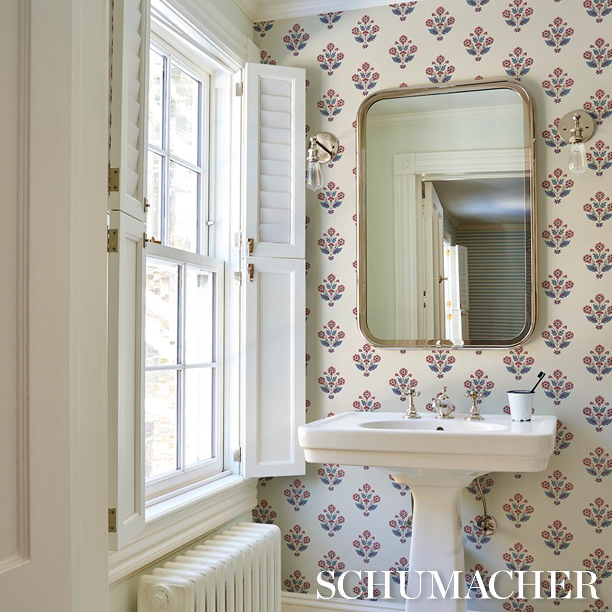 Schumacher Dalila Hand-Screen Print Red & Blue Wallpaper