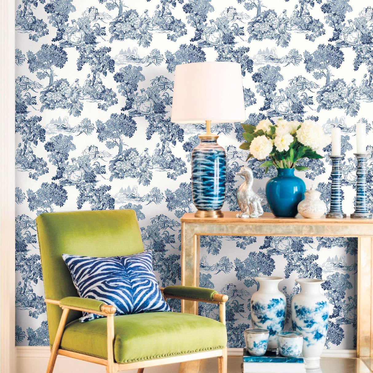 Galerie 8342 Blooming Garden Toile Blue Wallpaper 8342 Blue Wallpaper