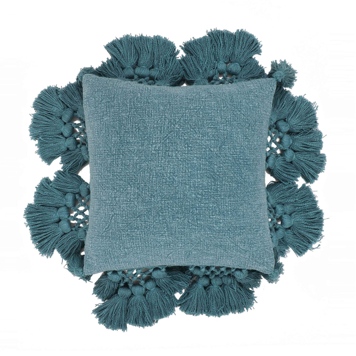 TOV Stone Washed Denim Blue Cotton Tasseled Pillow Cover Cover