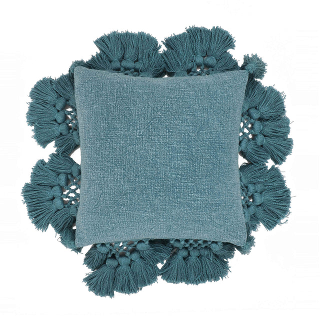 TOV Stone Washed Denim Blue Cotton Tasseled Pillow Cover Cover