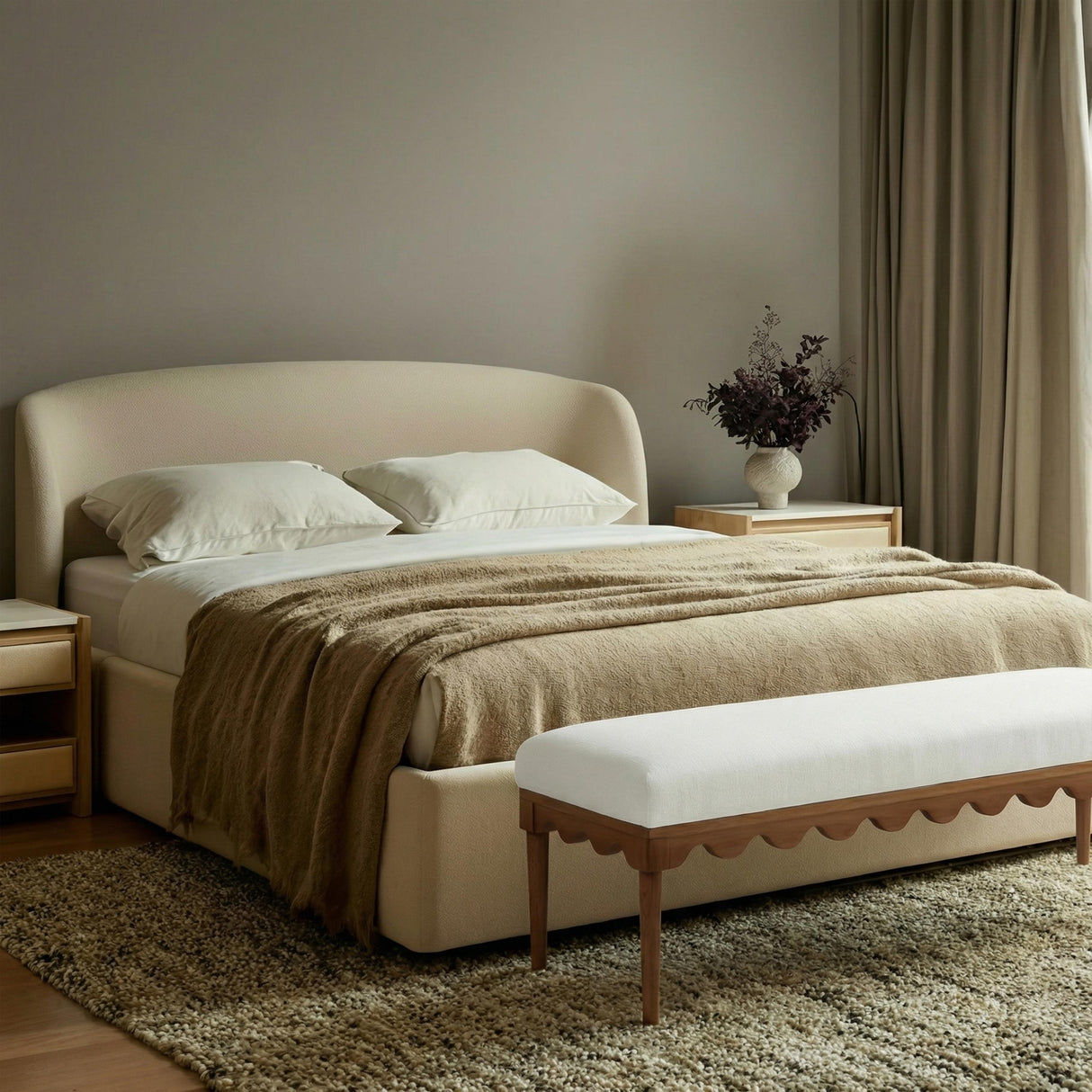 TOV Oodle Cream Vegan Mohair Bench in Walnut