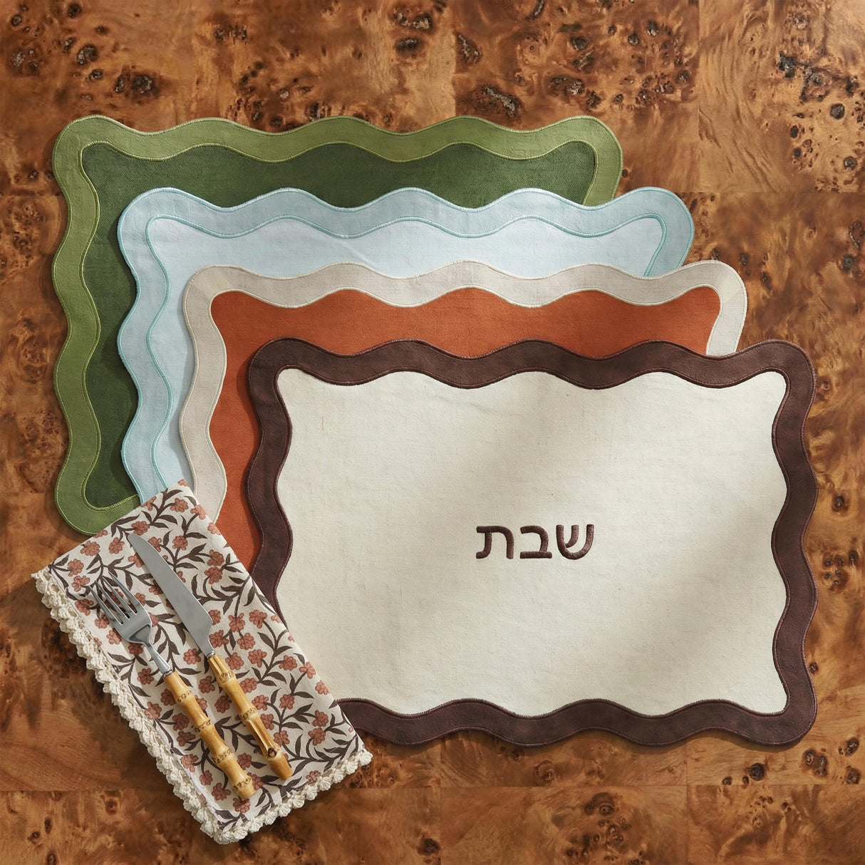 TOV Cream on Rust Organic Cotton / Linen Wavy Challah Cover