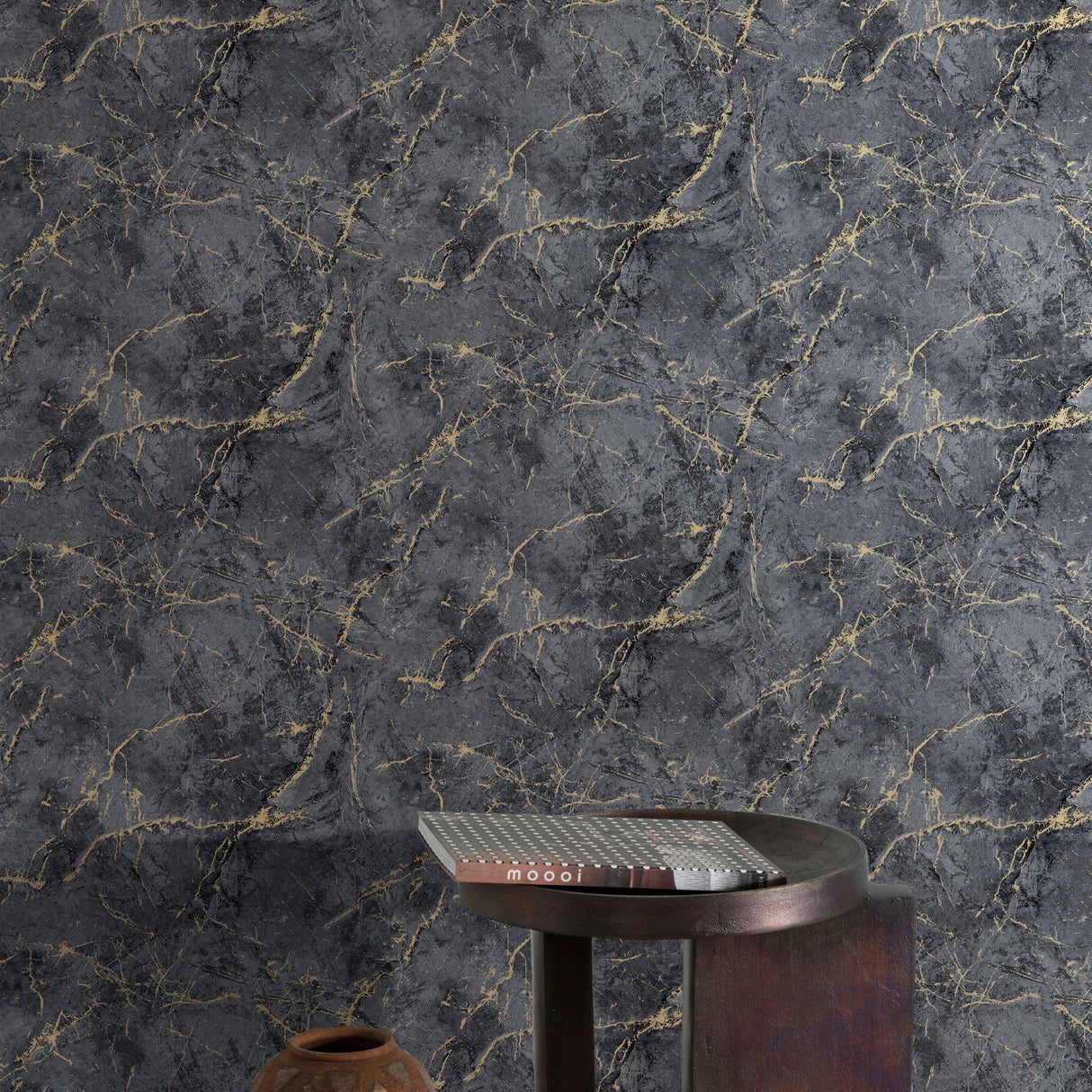 Galerie A78003 Textured Vibes Marble Plain Black Wallpaper A78003 Black Wallpaper