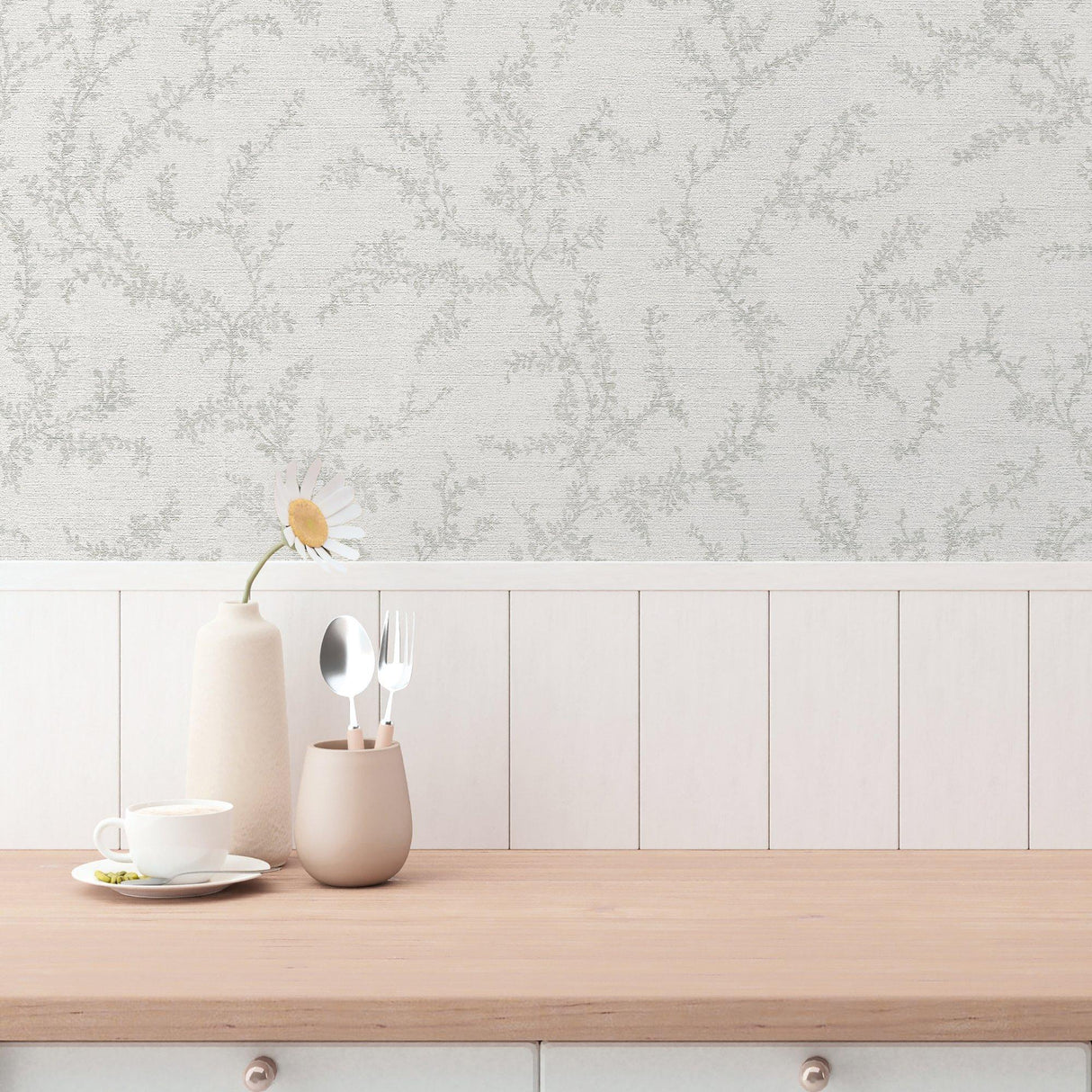 Galerie GG82121 Hygge Home Trailing Vines Motif Grey Wallpaper GG82121 Grey Wallpaper