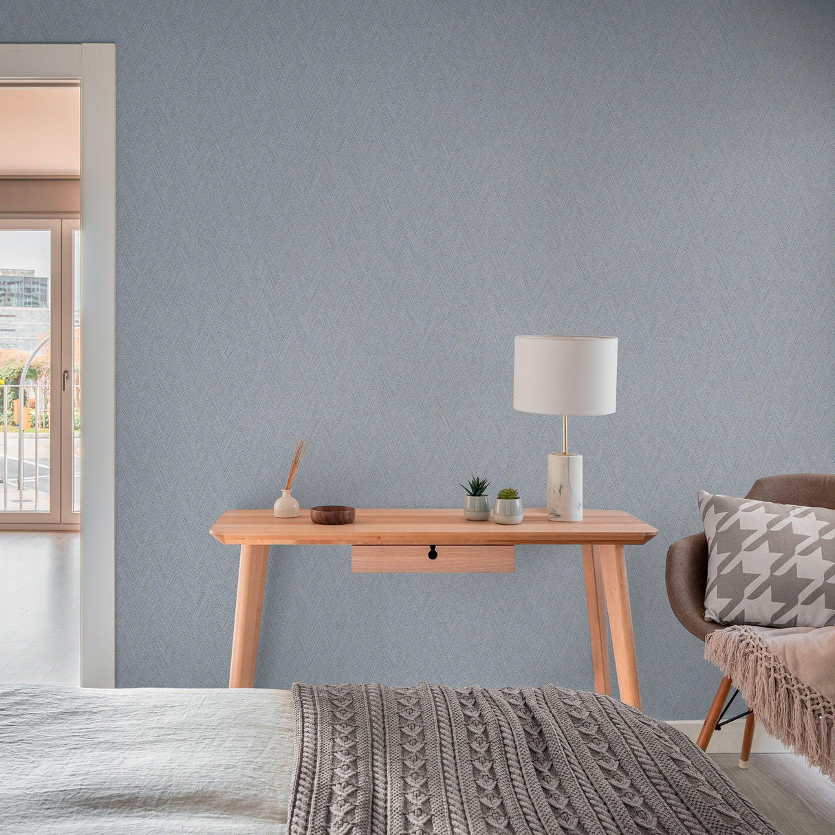 Galerie GG82129 Hygge Home Herringbone Weave Motif Blue Wallpaper GG82129 Blue Wallpaper