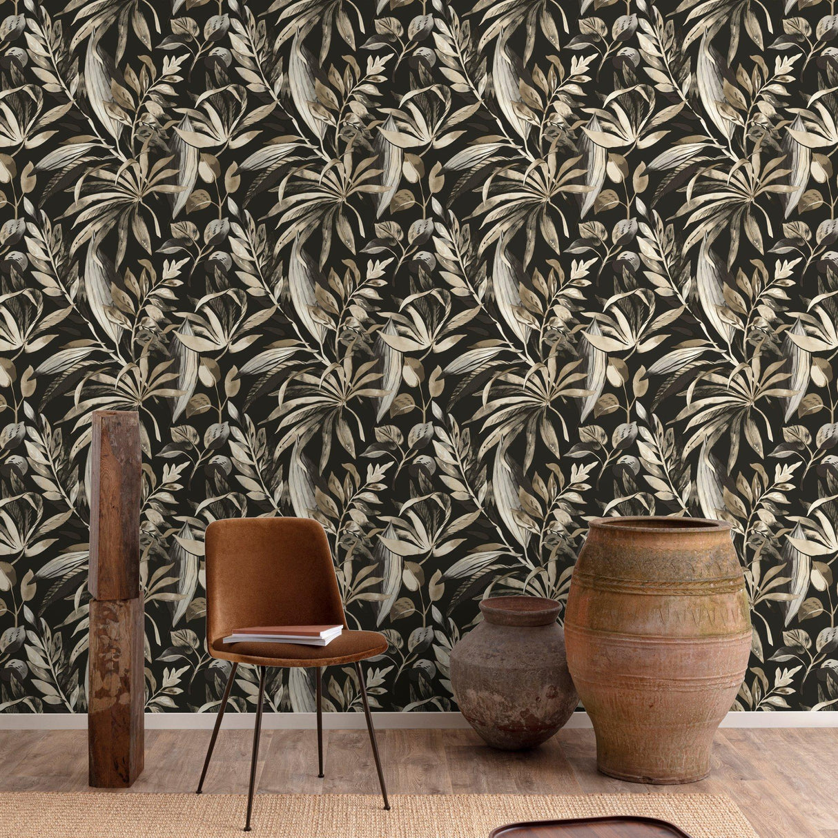 Galerie KRA71203 Karuna Branched Leaves Motive Black Wallpaper KRA71203 Black Wallpaper