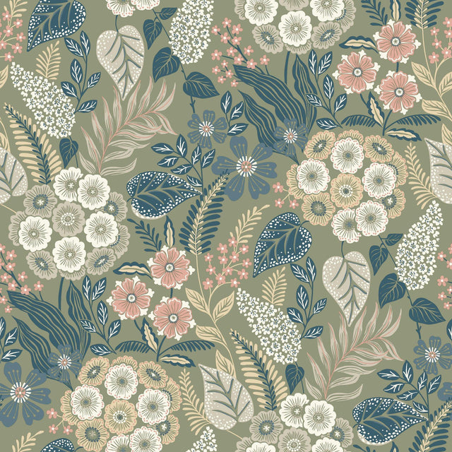 Galerie KRA76603 Karuna Classical Floral All-over Green Wallpaper KRA76603 Green Wallpaper