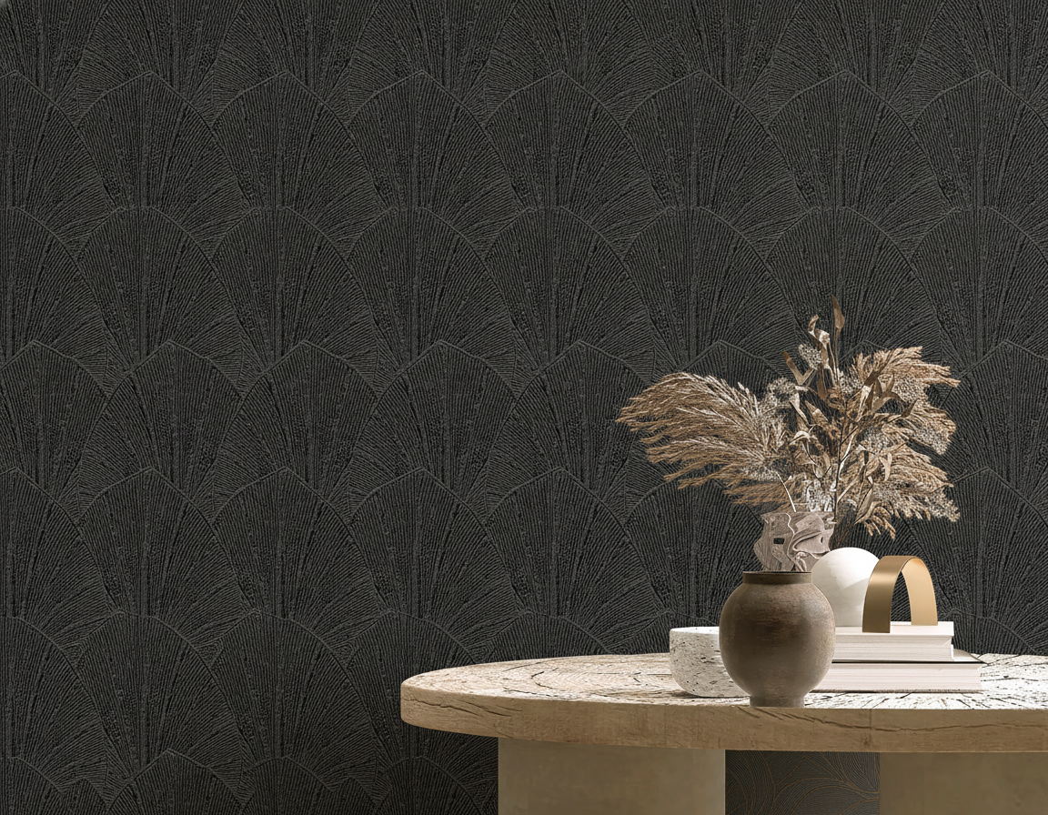 Veer Decor Sculpted Fan Leaf Black Wallpaper