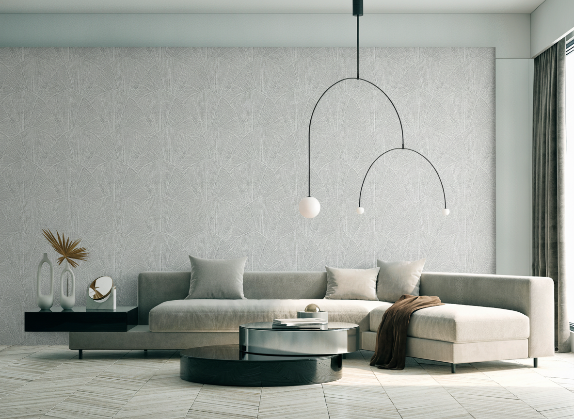 Veer Decor Sculpted Fan Leaf Silver Wallpaper