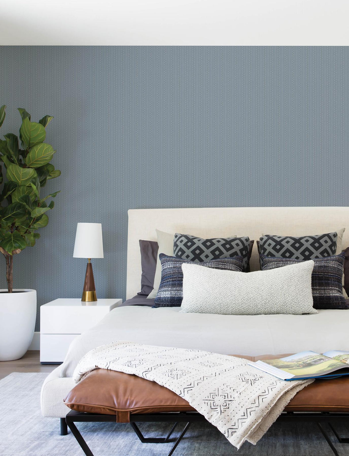 York Curtis Blue Embellished Stripe Wallpaper