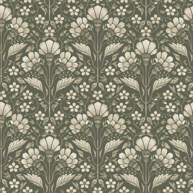 York Edith Green Floral Damask Wallpaper