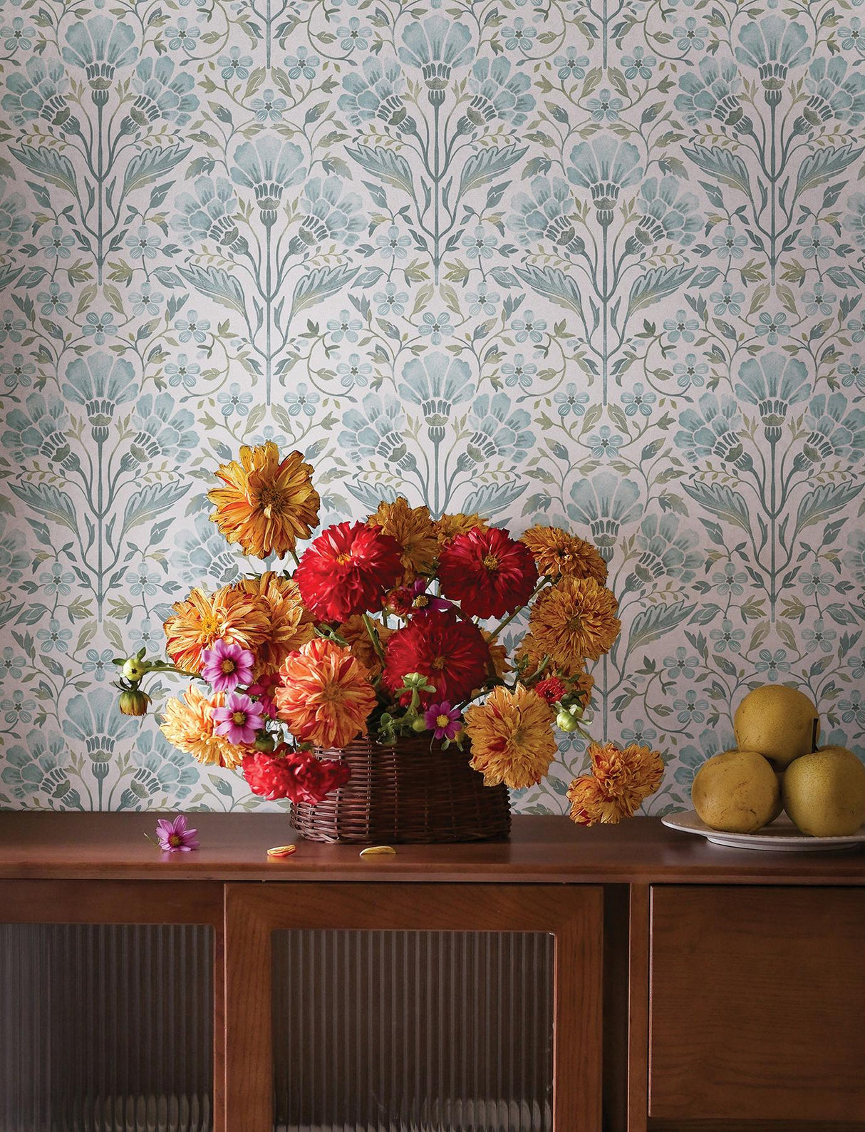 York Edith Light Blue Floral Damask Wallpaper