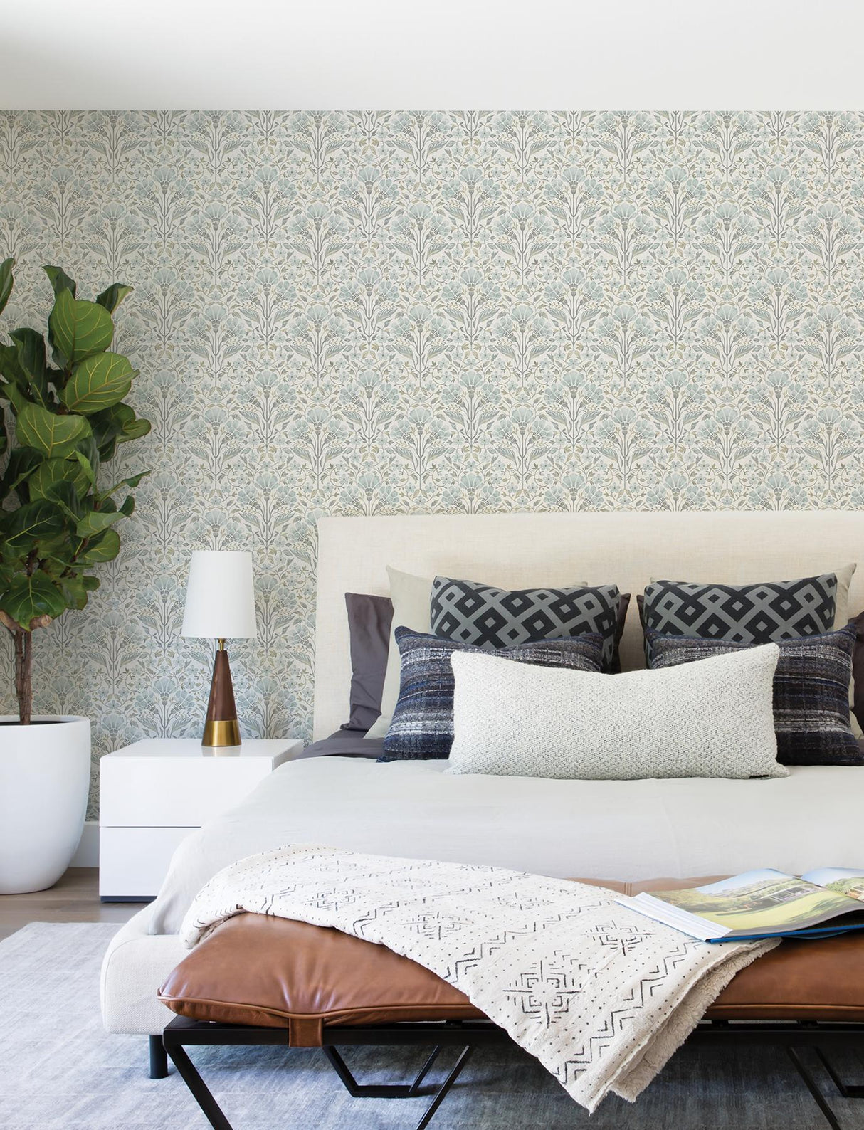 York Edith Light Blue Floral Damask Wallpaper