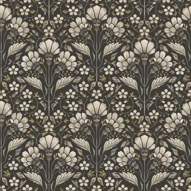 York Edith Black Floral Damask Wallpaper