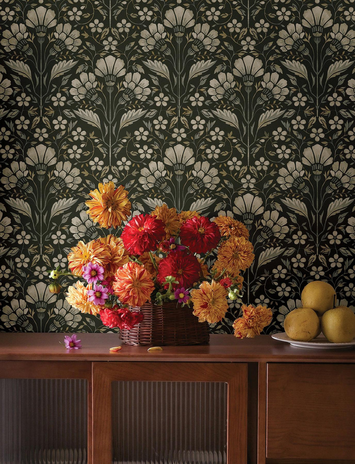 York Edith Black Floral Damask Wallpaper