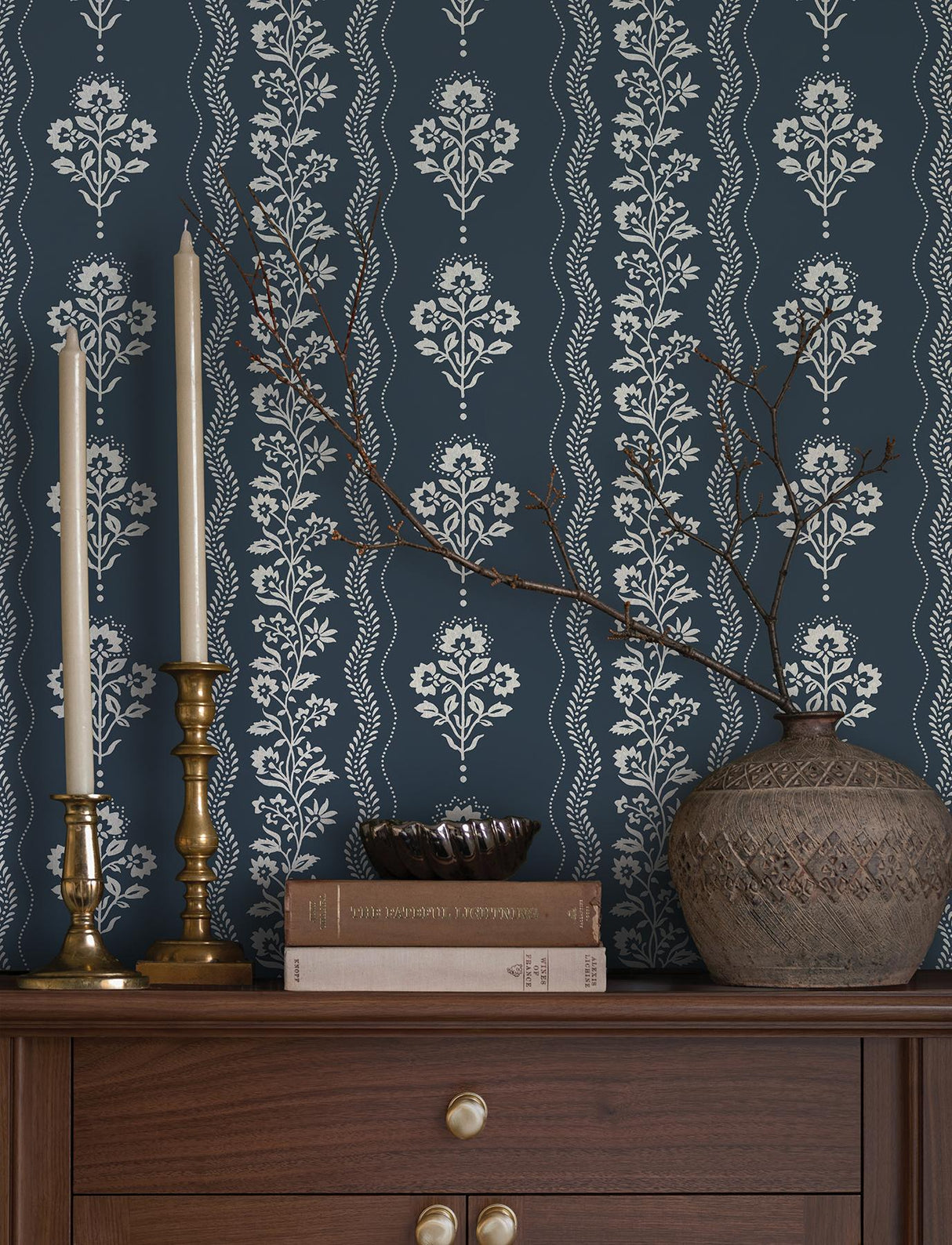 York Lenea Navy Floral Stripe Wallpaper