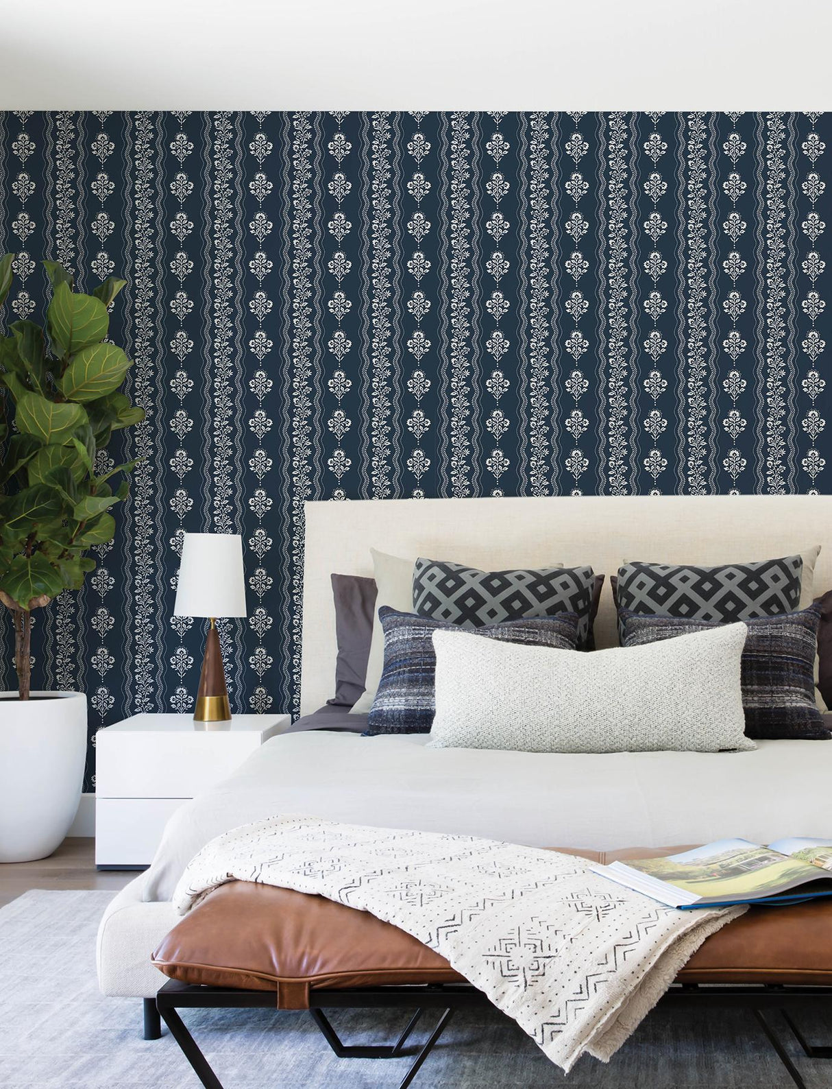 York Lenea Navy Floral Stripe Wallpaper