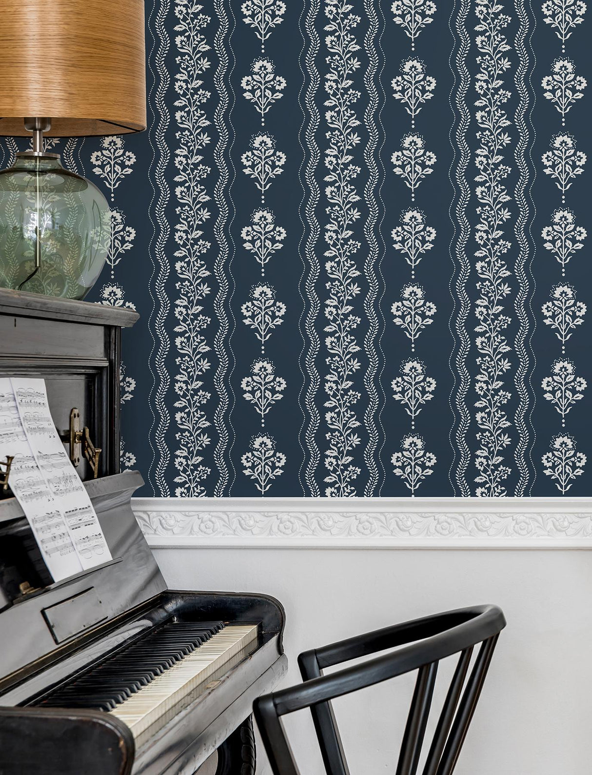 York Lenea Navy Floral Stripe Wallpaper