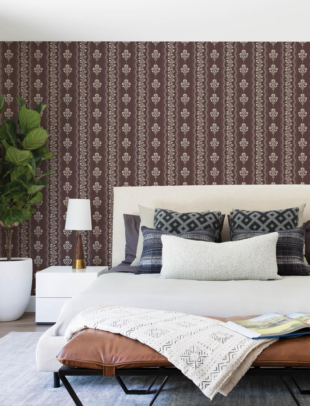York Lenea Burgundy Floral Stripe Wallpaper