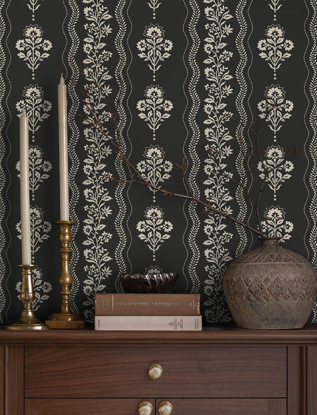 York Lenea Black Floral Stripe Wallpaper