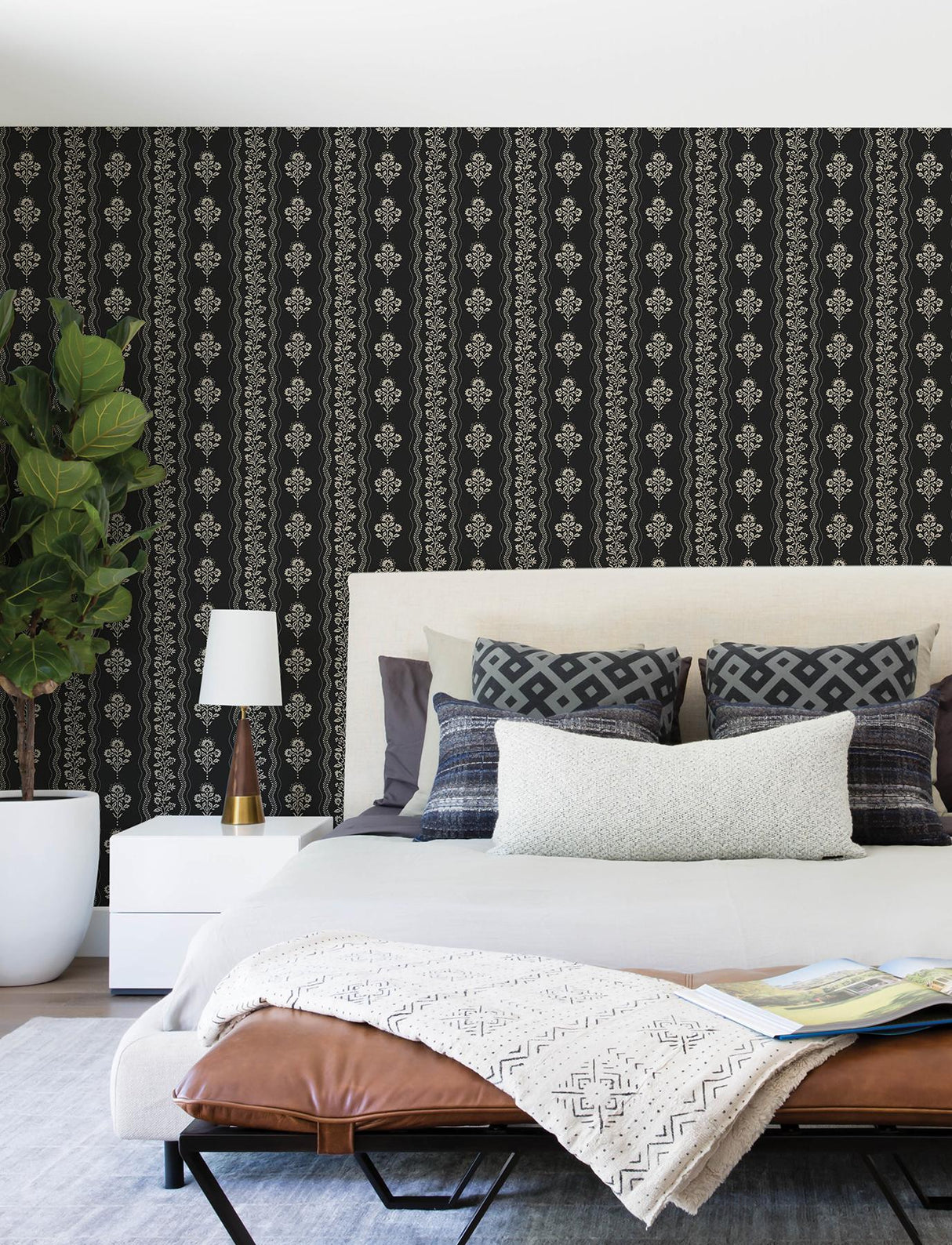 York Lenea Black Floral Stripe Wallpaper