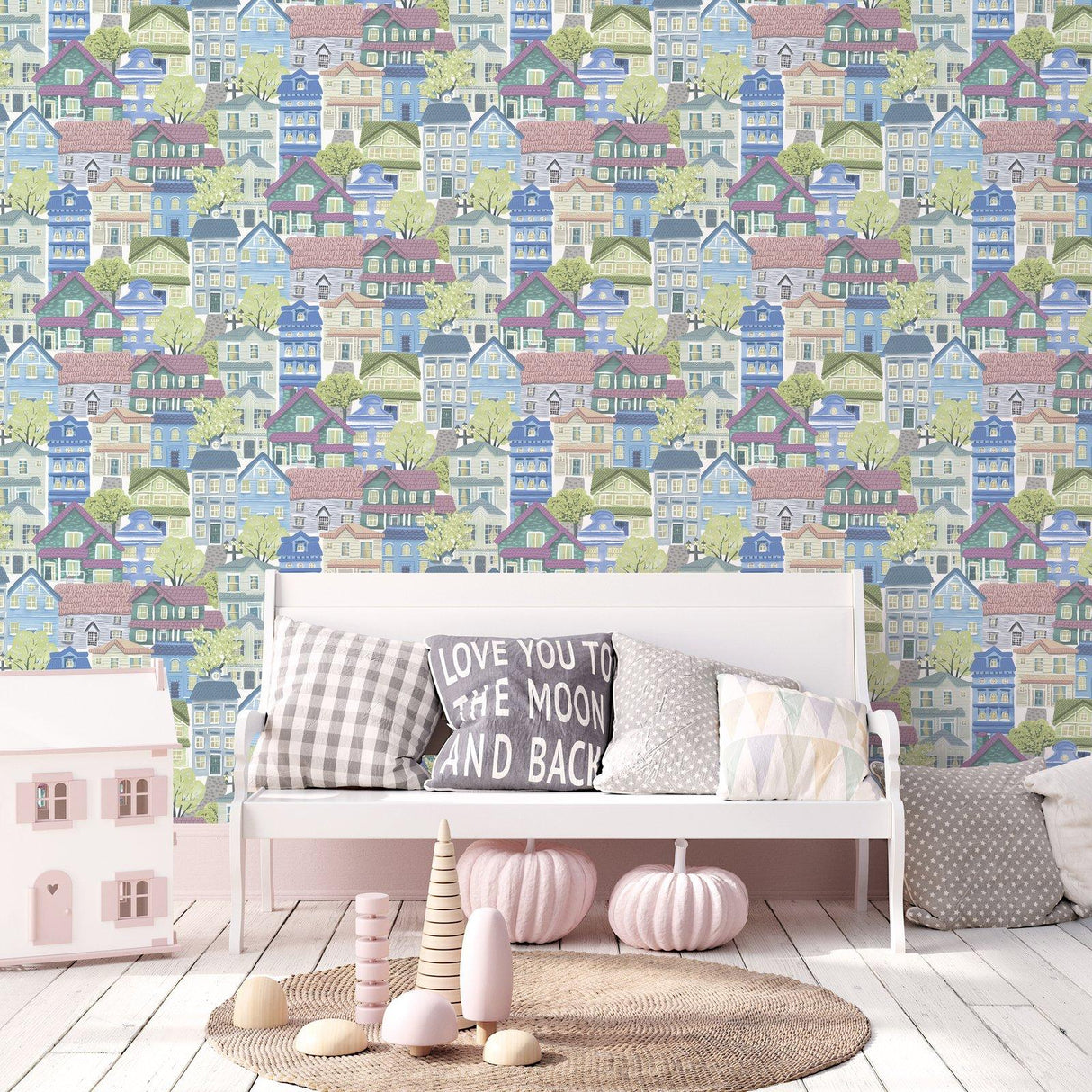 Galerie G78601 Kids and Teens Whimsical Houses Blue Wallpaper G78601 Blue Wallpaper