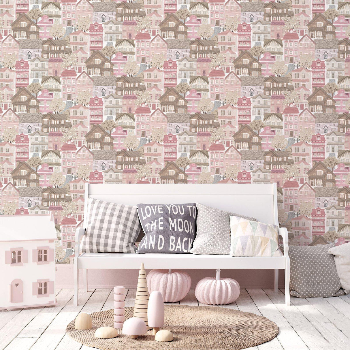 Galerie G78602 Kids and Teens Whimsical Houses Pink Wallpaper G78602 Pink Wallpaper