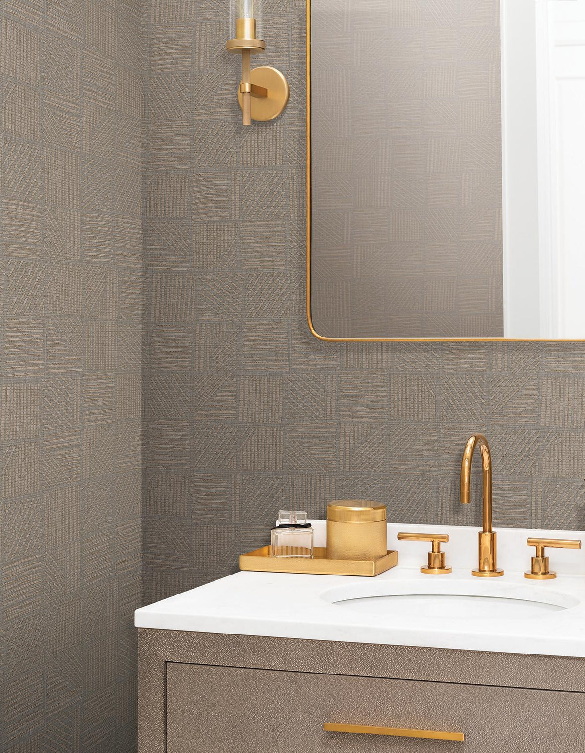 York Wallcoverings Chiseled Patchwork Brown Faux Fabric Wallpaper