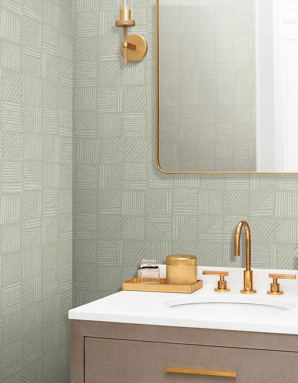 York Wallcoverings Chiseled Patchwork Sage Faux Fabric Wallpaper