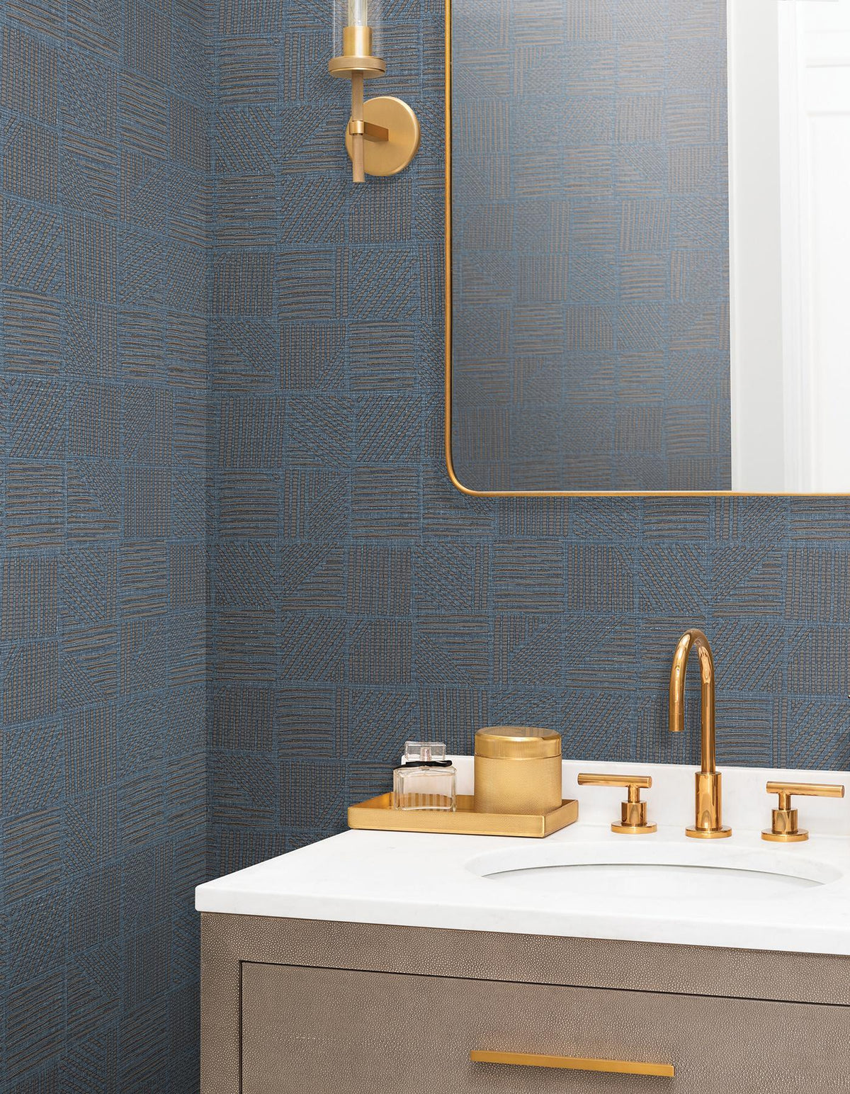 York Wallcoverings Chiseled Patchwork Sapphire Faux Fabric Wallpaper