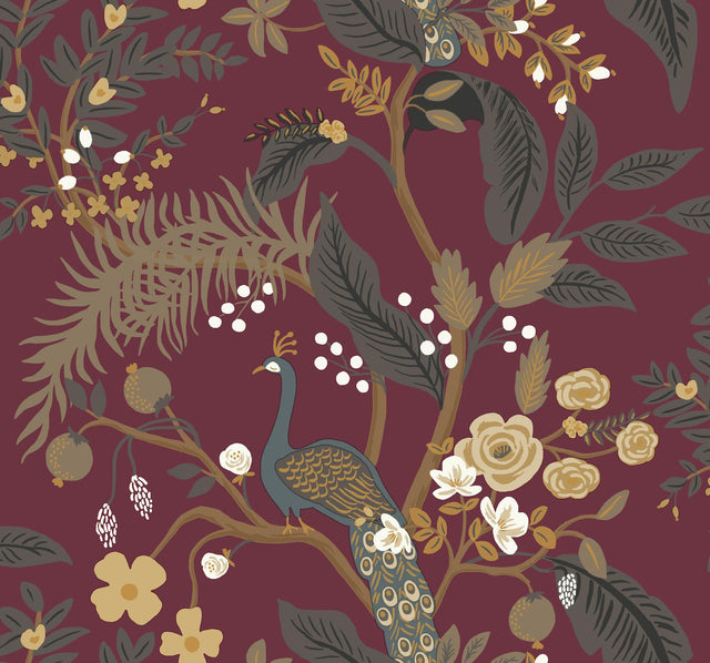 Rifle Paper Co. Peacock Burgundy Wallpaper