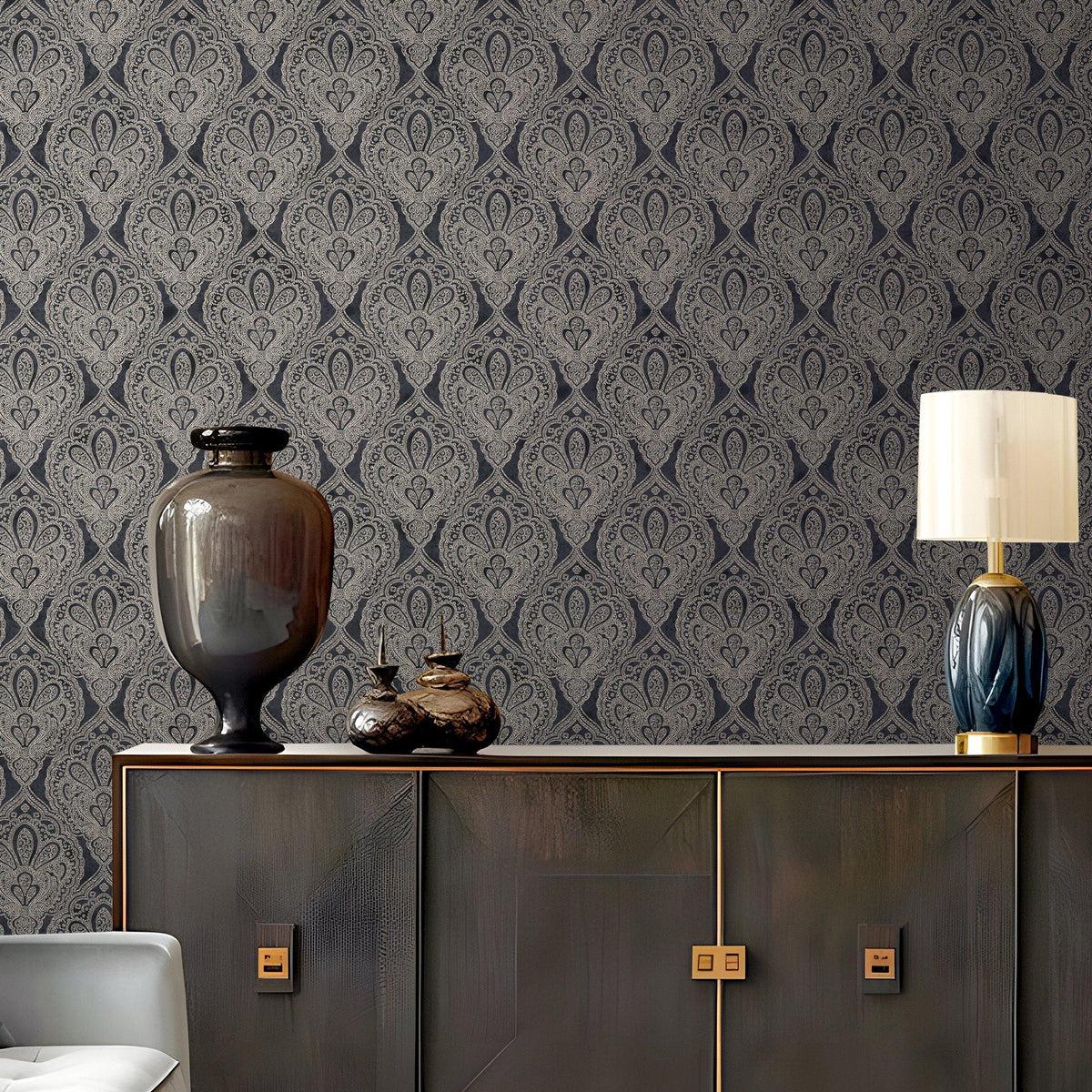 Galerie MX88035 Metallic FX 2 Damask Black Wallpaper MX88035 Black Wallpaper