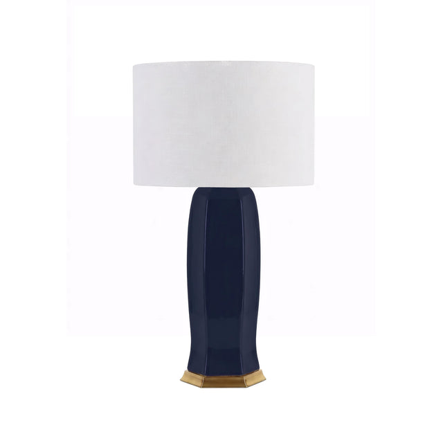 Worlds Away Ceramic Table Lamp With Satin Brass Base In Gloss Navy Glaze