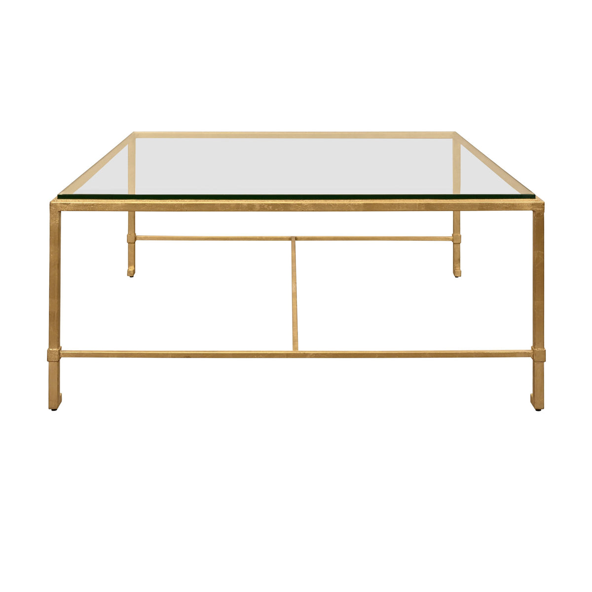 Worlds Away Square Iron Coffee Table With Thick Glass Top In Gold Leaf