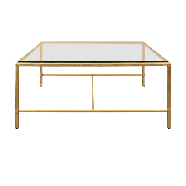 Worlds Away Square Iron Coffee Table With Thick Glass Top In Gold Leaf