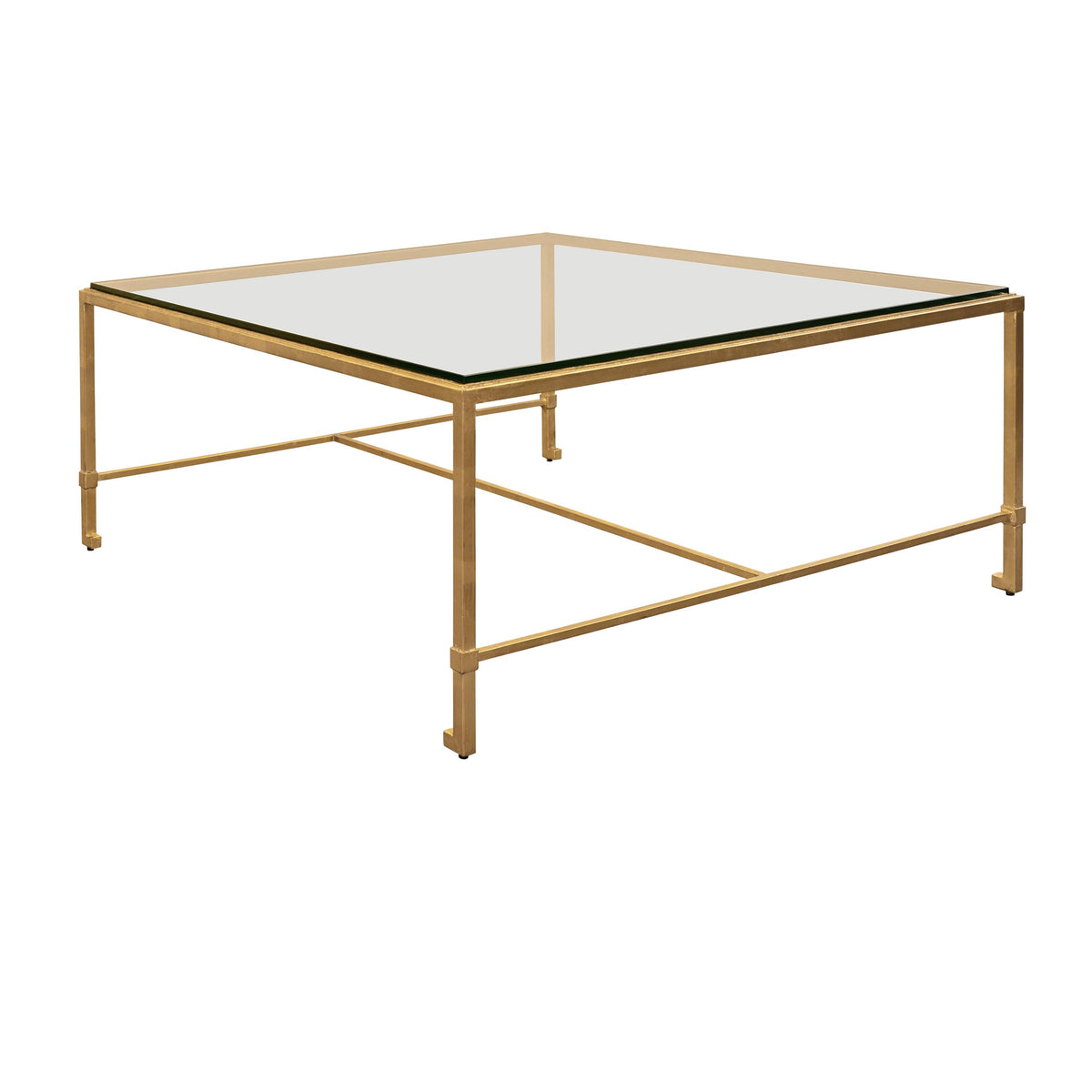 Worlds Away Square Iron Coffee Table With Thick Glass Top In Gold Leaf