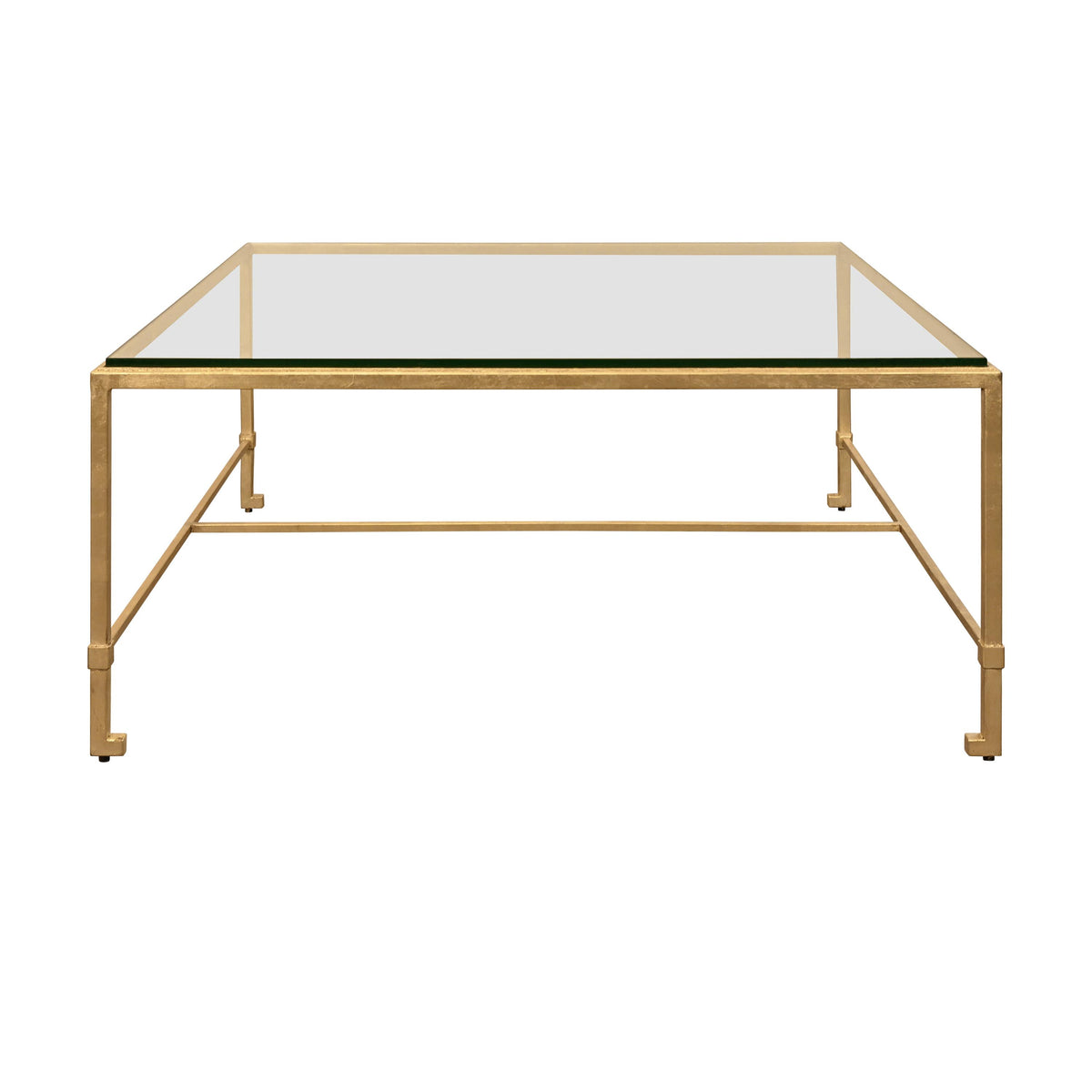 Worlds Away Square Iron Coffee Table With Thick Glass Top In Gold Leaf