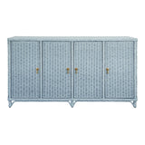 Worlds Away Four Door Buffet In Fully Wrapped Rattan With Satin Brass Pulls In Painted Light Blue