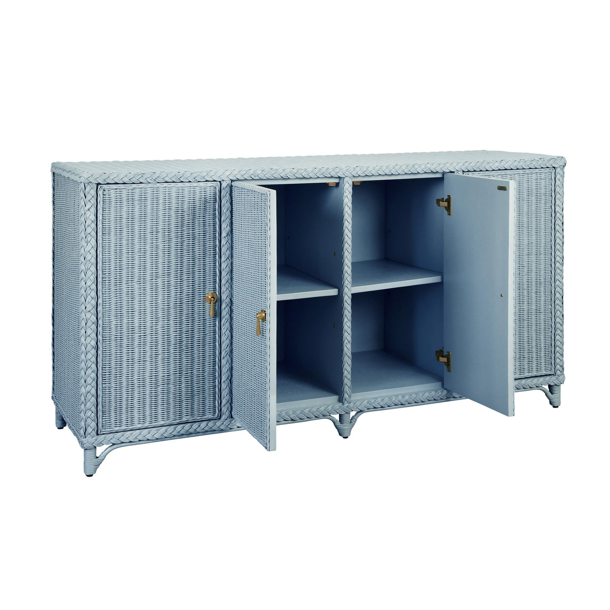 Worlds Away Four Door Buffet In Fully Wrapped Rattan With Satin Brass Pulls In Painted Light Blue