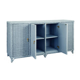 Worlds Away Four Door Buffet In Fully Wrapped Rattan With Satin Brass Pulls In Painted Light Blue