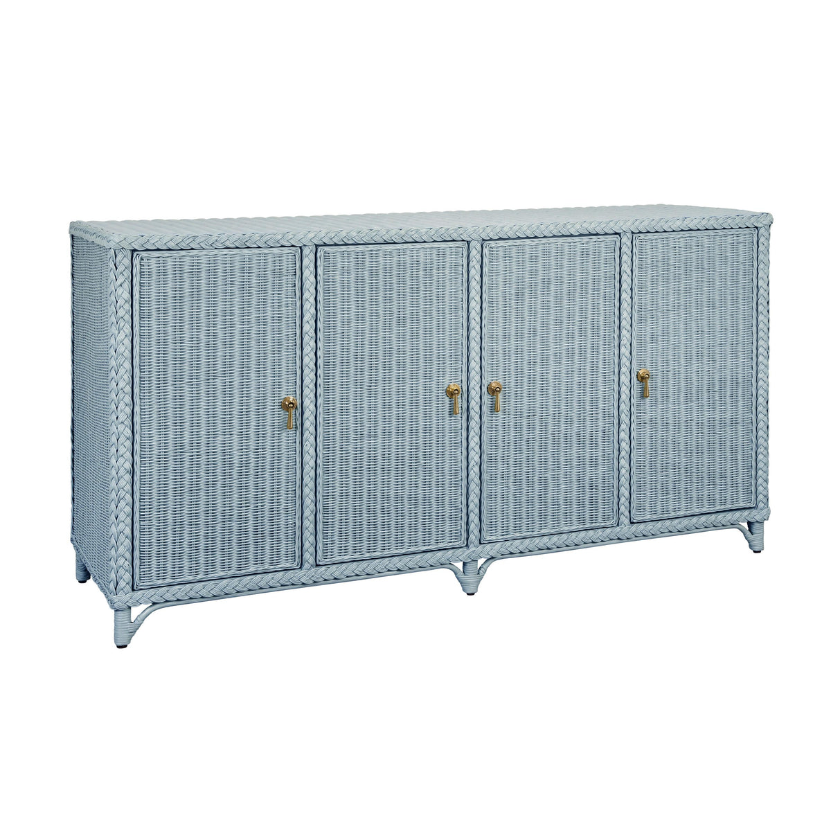 Worlds Away Four Door Buffet In Fully Wrapped Rattan With Satin Brass Pulls In Painted Light Blue