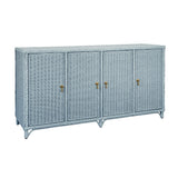 Worlds Away Four Door Buffet In Fully Wrapped Rattan With Satin Brass Pulls In Painted Light Blue