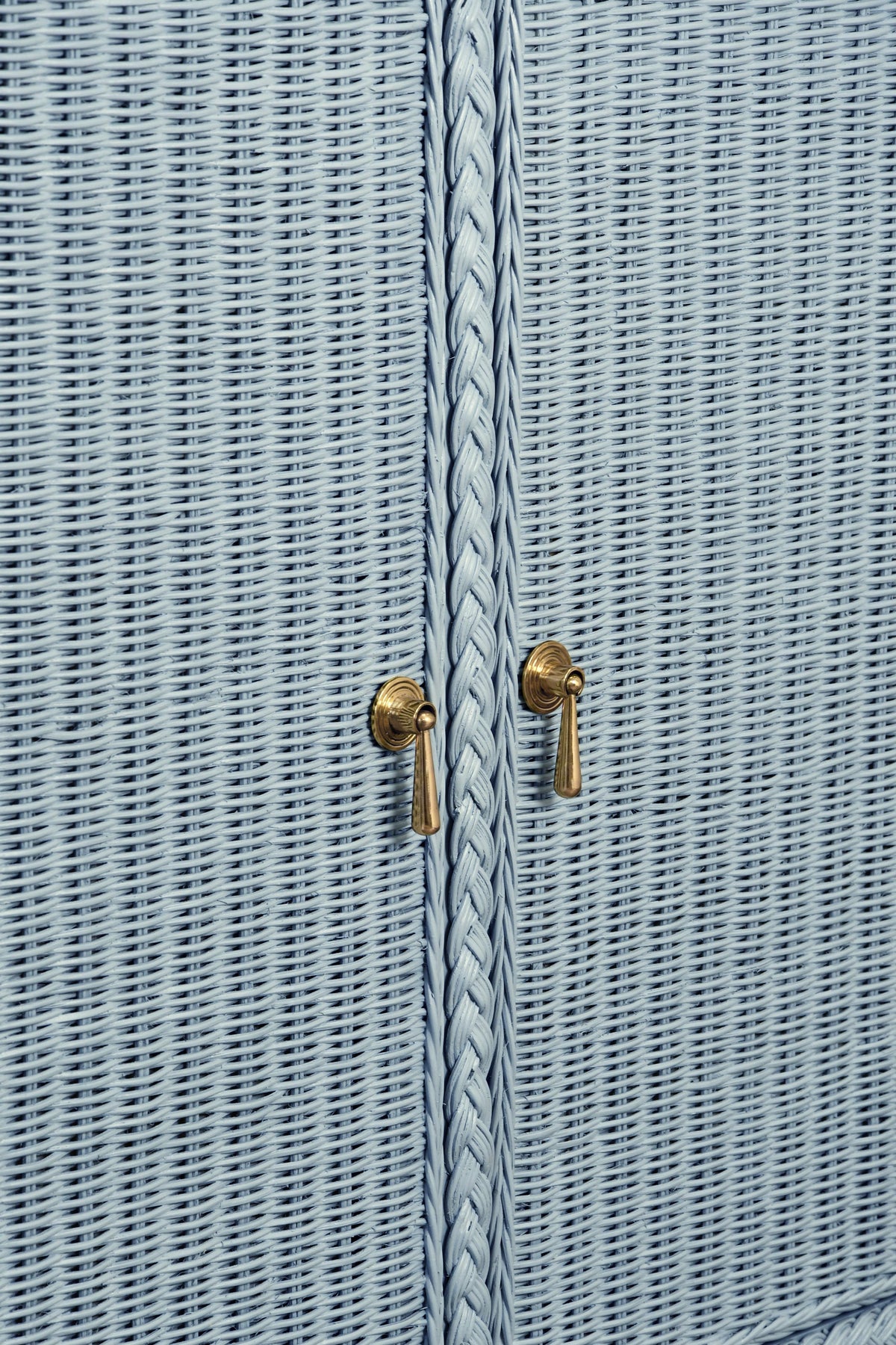 Worlds Away Four Door Buffet In Fully Wrapped Rattan With Satin Brass Pulls In Painted Light Blue