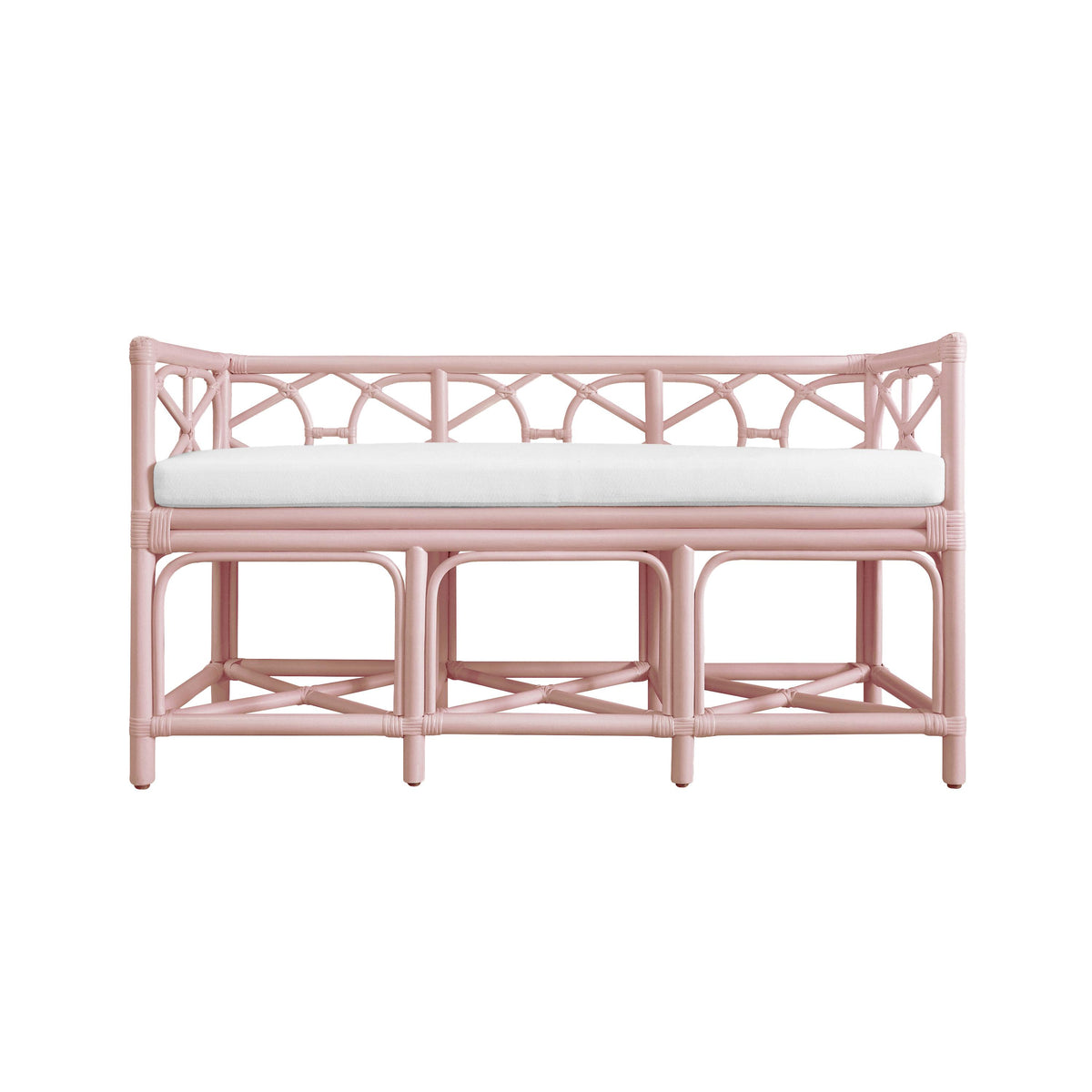 Worlds Away Decorative Bench With Performance Ivory Cushion In Painted Pink Rattan