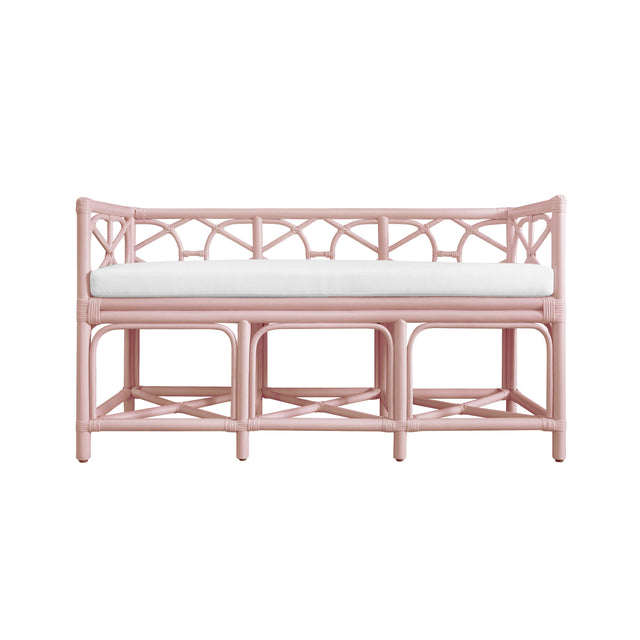 Worlds Away Decorative Bench With Performance Ivory Cushion In Painted Pink Rattan